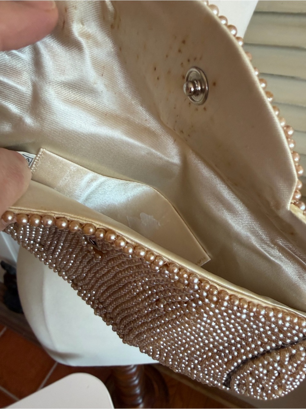 BEAUTIFUL Pearl-Embellished Champagne Clutch - Women's Evening Bag VINTAGE - Picture 6 of 9